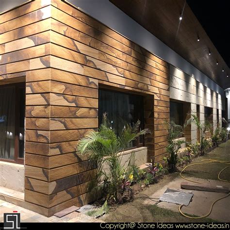 #ClientDiaries Wooden Fossil Stone tiles for front elevation walls ...