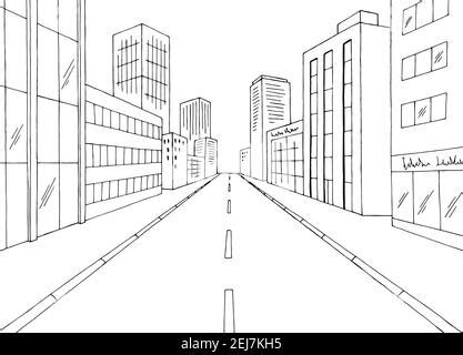 Vector illustration. Line city scene with buildings, trees, roads and ...