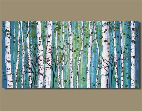 abstract painting, panoramic birch tree painting, white birch, blue ...