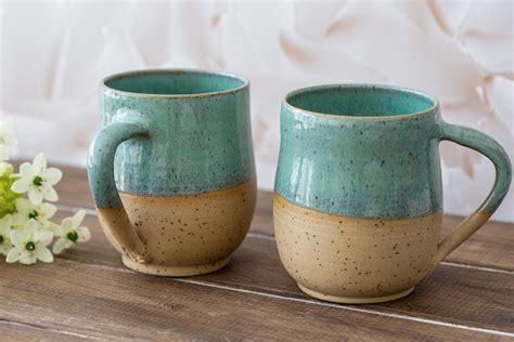 Mugs 2 Large Art Studio Pottery Mugs Blue Green Stoneware Drinkware ...