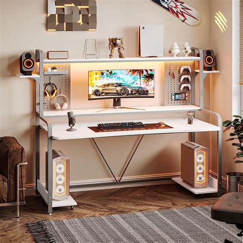 SEDETA Gaming Desk, 55" Computer Desk with Hutch and Shelves, LED ...