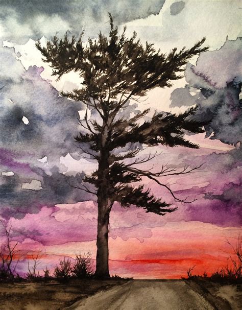 Sunset and the Dancing Tree Watercolor PRINT - Etsy