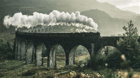 train, railway, bridge, mountains, smoke, glenfinnan viaduct ...