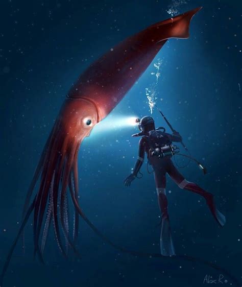 Squid with diver | Deep sea creatures, Ocean creatures, Sea monsters