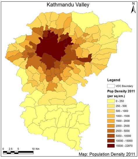 A Choropleth map showing VDC Population Density in the Kathmandu Valley ...