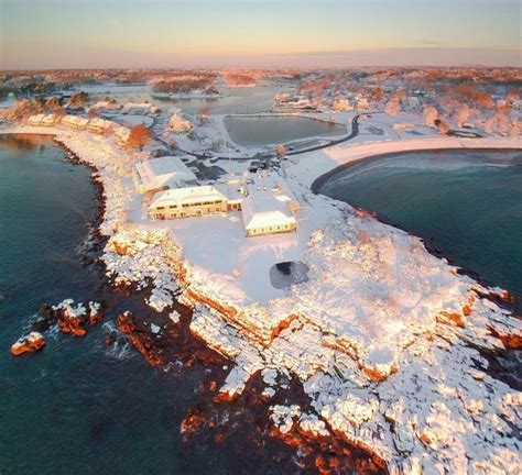 Sunrise winter aerial overlooking Stage Neck Inn, York Harbor, Maine ...