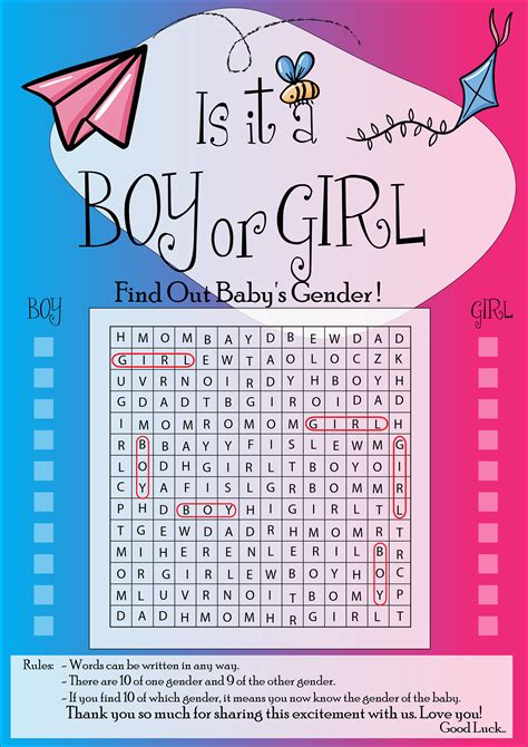 Printable Boy or Girl Gender Reveal Word Search Game With Kite Design ...