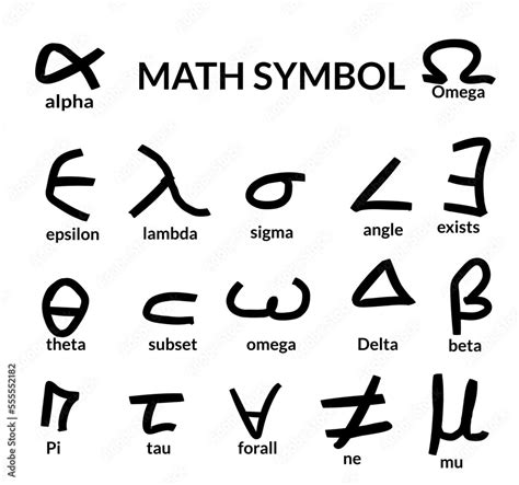 Collection of math symbols in hand drawn style, omega, delta, theta ...