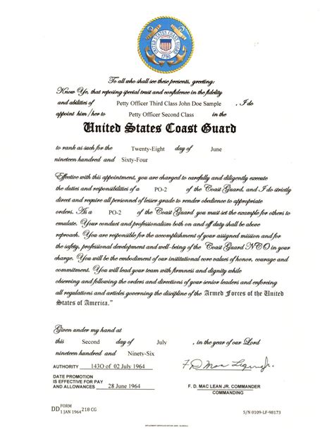 United States Coast Guard Officer Creed Certificate - Military ...