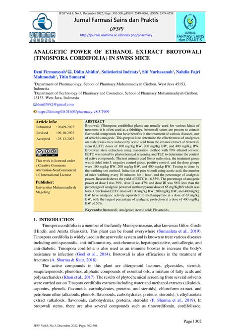 (PDF) ANALGETIC POWER OF ETHANOL EXTRACT BROTOWALI (TINOSPORA ...