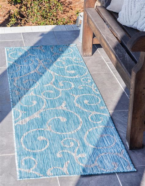 Light Aqua 2' x 6' Outdoor Botanical Runner Rug | Rugs.com