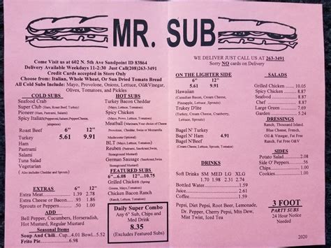 Menu at Mr. Sub restaurant, Sandpoint