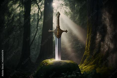 Sword King Arthur Excalibur in a stone in the forest, a ray of light ...