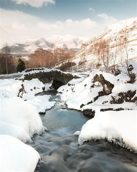 Snowy Ashness Bridge in Lake District, England