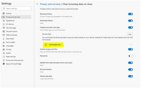 Microsoft Edge - Settings - Privacy and Services - Clear Browsing Data ...