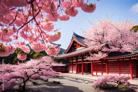 Beautiful japan temple in blossoming sakura garden, pink cherry trees ...