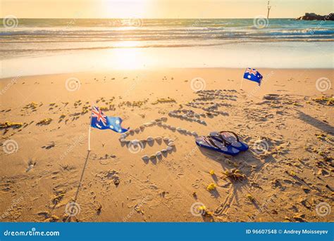 Straya Text, Flag and Thongs on Beach Stock Photo - Image of flops ...