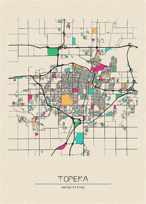 Topeka, Kansas City Map Drawing by Inspirowl Design - Pixels