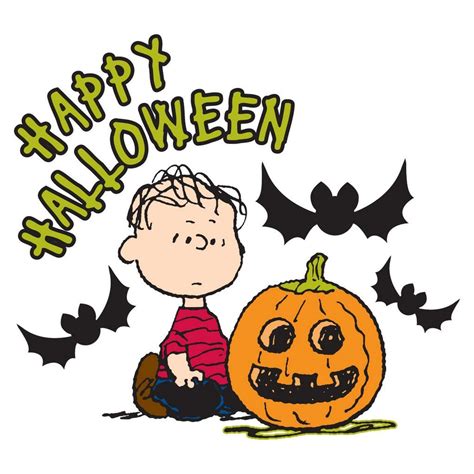 Linus sits near a pumpkin and bats telling everyone Happy Halloween ...