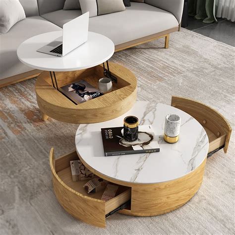 Modern Round Coffee Table with Storage Lift-Top Wood & Stone Coffee ...