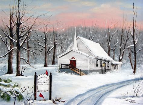 Country Winter Church Snow Scene Cardinals, Snow Painting, Folk Art ...