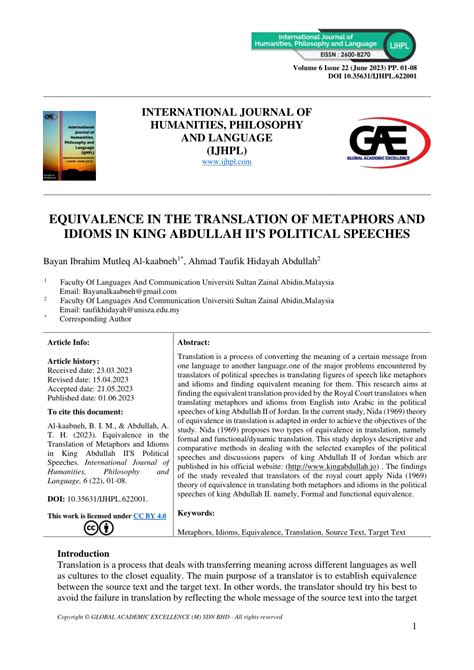 (PDF) EQUIVALENCE IN THE TRANSLATION OF METAPHORS AND IDIOMS IN KING ...