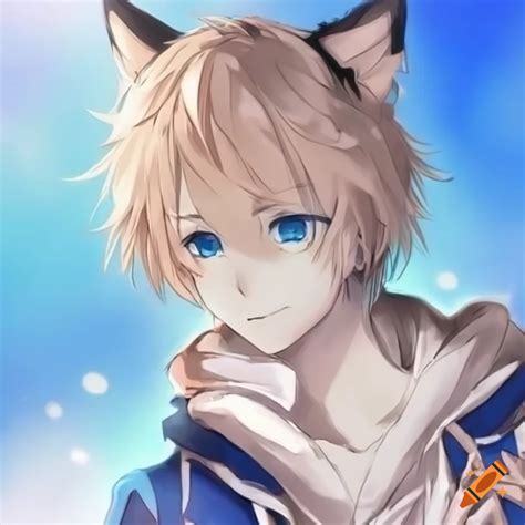 Anime, wolf ears and tail, boy, cute, blue, eyes, blond hair on Craiyon