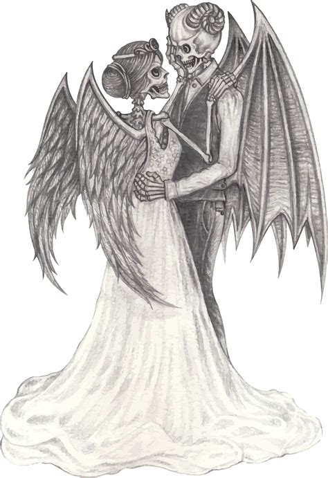 Couple love fantasy devil and angel skulls. Hand drawing and make ...