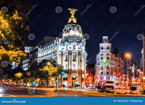 Gran Via Central Street of Madrid at Night, Spain Editorial Photography ...