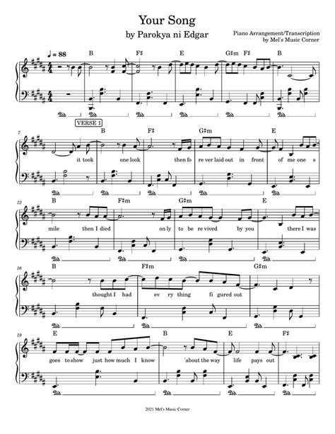 Parokya ni Edgar - Your Song (piano sheet music) Sheets by Mel's Music ...