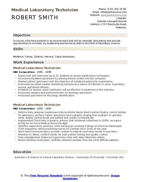 Medical Laboratory Technician Resume Samples | QwikResume