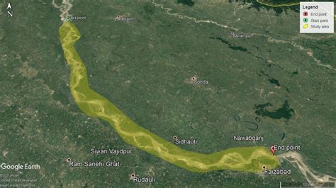 The stretch of Saryu River covered during the present survey starting ...