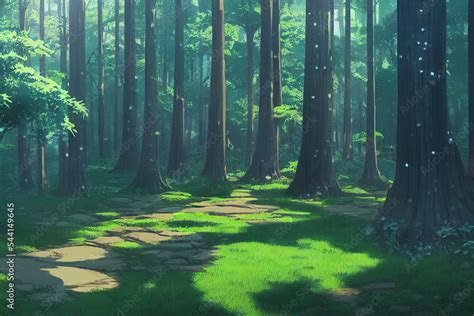 A beautiful rural nature forest. an illustration in an anime background ...