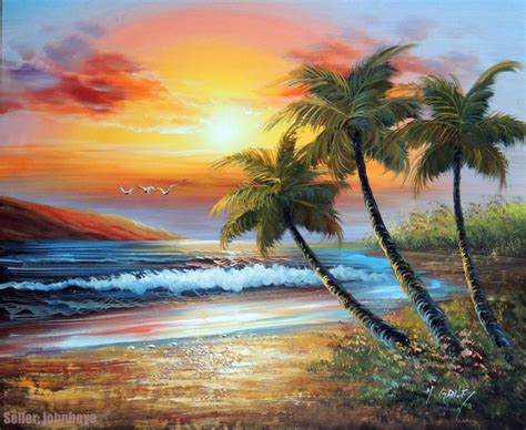 Painting: Sunset Hawaii South Pacific Island Beach Shore Palm Stretched ...