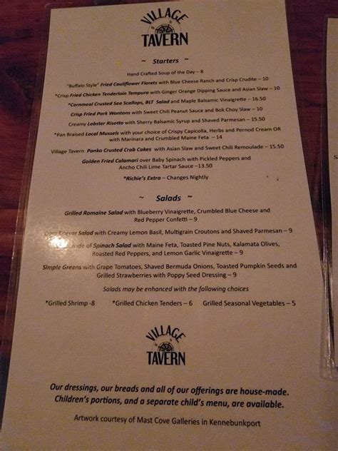 Menu at Village Tavern restaurant, Kennebunk