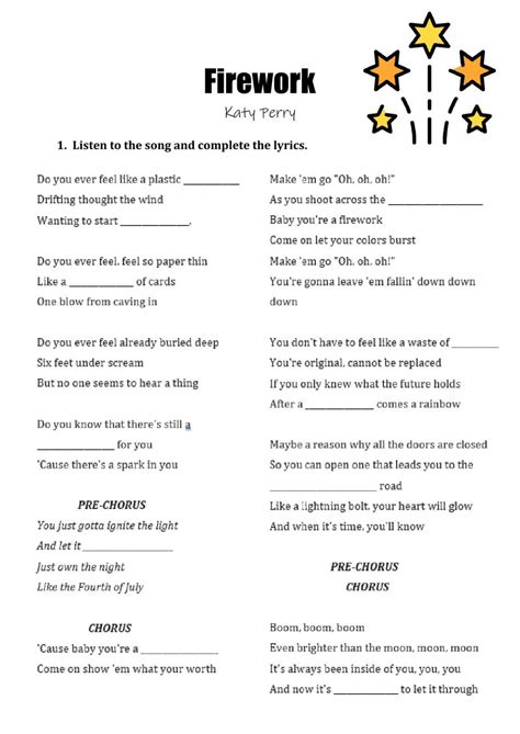 Song Activity - Firework (Katy Perry) worksheet | Firework lyrics, Katy ...