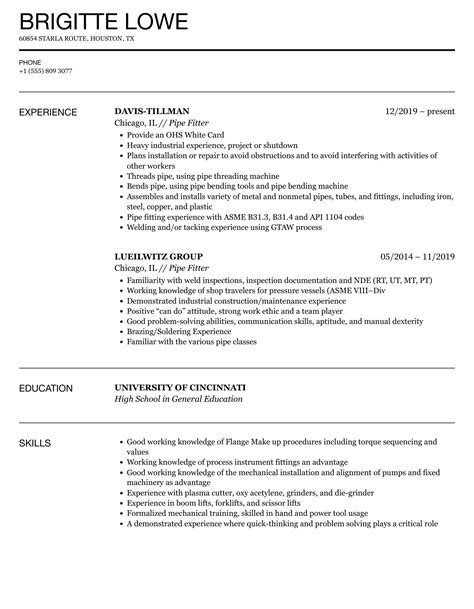 Pipe Fitter Resume Samples | Velvet Jobs