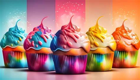 Premium Photo | A series of rainbow cupcakes with rainbow frosting and ...