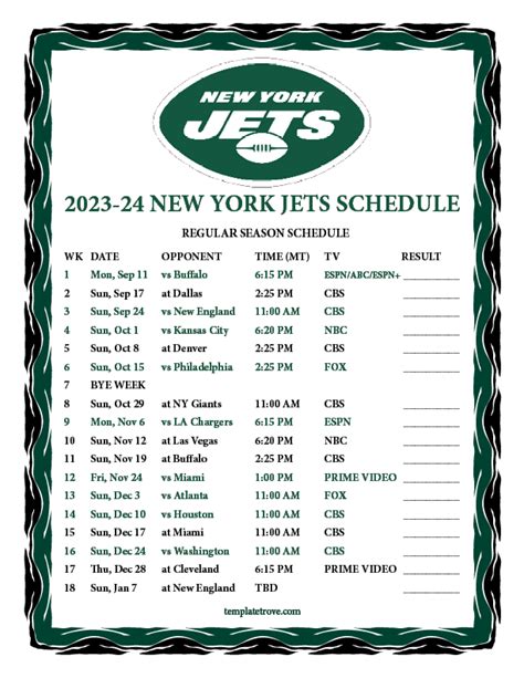 New York Jets Printable Schedule 2024