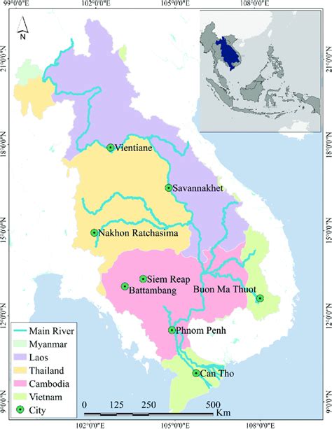 Map of the study area, the lower Mekong basin, and the boundary of each ...