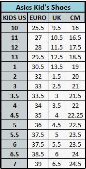 Asics Kids Shoe Size Chart