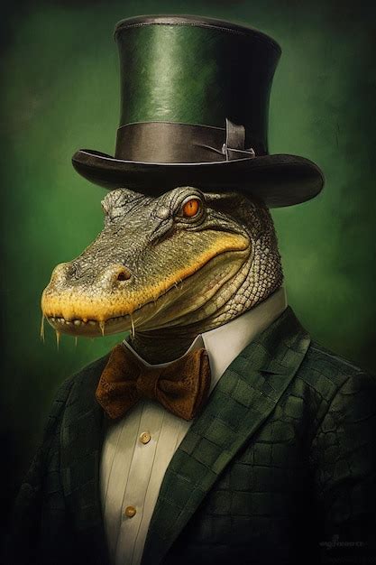 Premium AI Image | A man in a suit and hat with a crocodile on it.