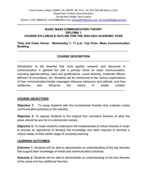 Syllabus-BASIC MASS COMMUNICATION THEORY