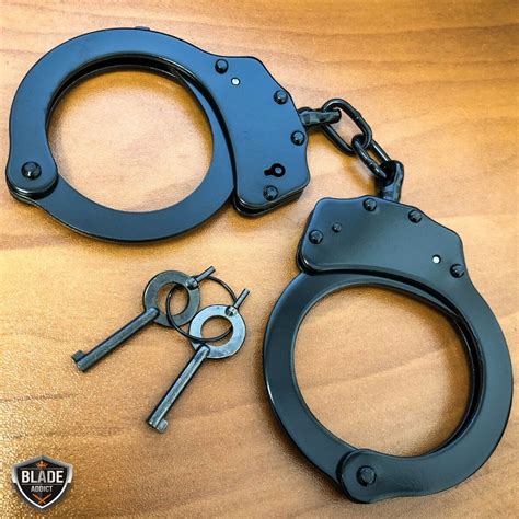 REAL Police Handcuffs DOUBLE LOCK Professional BLACK STEEL Hand Cuffs w ...