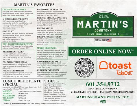 Martin's Downtown menu in Jackson, Mississippi, USA