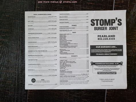 Menu at Stomp's Burger Joint restaurant, Pearland