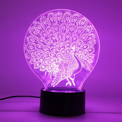 peacock 3d acrylic led mood night light 7 color touch usb desk lamp ...