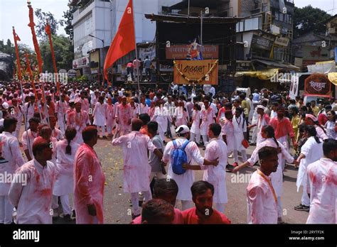 Pune, India - September 29, 2023, Ganesh immersion procession, Dhol ...