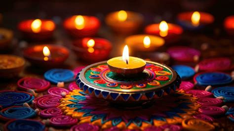 Oil lamps lit on colorful rangoli during diwali celebration Colorful ...