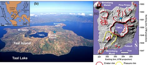 (a) Geographical location of Taal Volcano Island, Philippines. (b ...